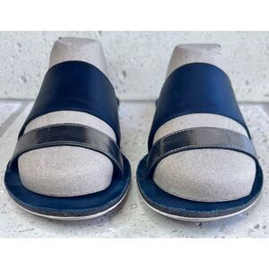 Eileen Fisher Folly Double Band Leather Slide Sandals Black Gold Slip On Sz 8